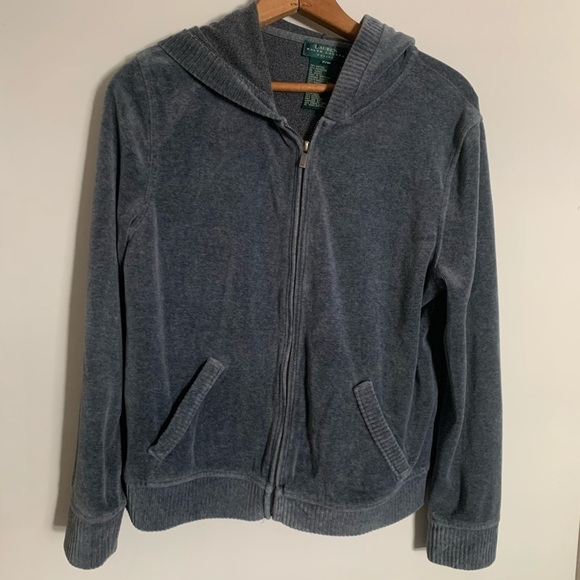Lauren Ralph Lauren Velour Cotton Dark Gray Zip Up Hoodie Size Petite Small - Picture 2 of 8